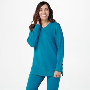Denim & Co. Active Rich Teal Lush Lined Jersey V-Neck Long Sleeve Tunic Size LP